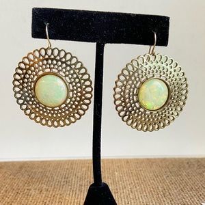 Goldtone medallion disk earrings pierced on wires with faux opal cabochons